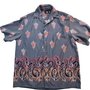 XG Button Down Shirt Mens Large Grey Dragon Kanji Print Short Sleeve Y2K Street